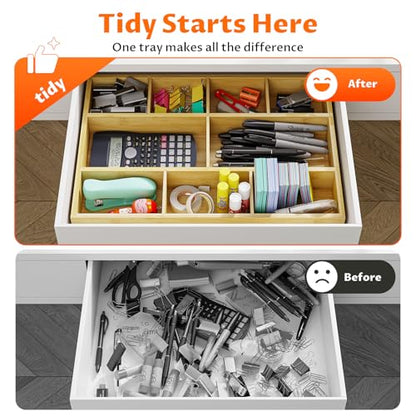 Bamboo Drawer Organizer with 9 Adjustable Compartments, Desk Storage Tray | Natural Bamboo, Flexible Modular Trays, Water-Resistant, Adjustable, Excellent Organization, Easy to Clean, Non-Slip Design - size: 9 Compartments