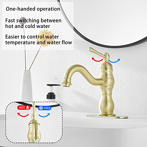 Bathroom Faucet Brushed Gold GGStudy 360° Swivel Bathroom Vanity Faucet Single Handle One Hole Bathroom Sink Faucet Basin Matching Pop Up Drain with Overflow - color: Brushed Gold, size: Short