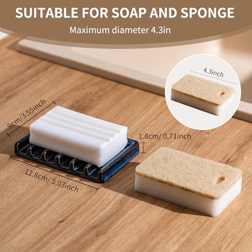 Tanew Self Draining Premium Ceramic Soap Dish, Bar Waterfall Soap Dish, Shower Soap Holder Sponge Holder Soap Tray Savers for Bathroom, Shower, Kitchen, Sink and Countertop - color: Blue