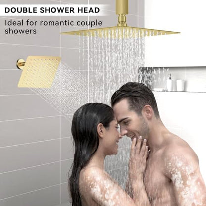 STARBATH Shower Faucet Set Shower System with Diverter Valve, Brushed Gold | 12 Inch Ceiling Mount Rain Shower Head, 6 Inch Wall Mount Rainfall Shower Head and Handheld Spray for Two Person - color: Gold, size: 12"+6"-02