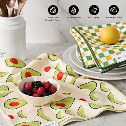 RECYCO Waffle Kitchen Towel Set of 2 - Quick Dry Microfiber Sustainable Dish Towels - Ultra Absorbent Reusable Cleaning Tea Towels - Lightweight Hand Towels,16”x 28”, Avocado Vibes - color: Avocado Vibes