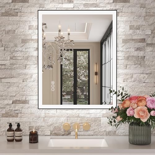 Amorho 28"x36" LED Bathroom Mirror, Frontlit&Backlit, Controlled Separately | Black Metal Frame, Stepless Dimmable, Anti-Fog, HD Reflection, Shatter-Proof, 3 Colors Lighting, Memory, UL Listed - color: Front and Backlit With Frame(separate Dimming), size: