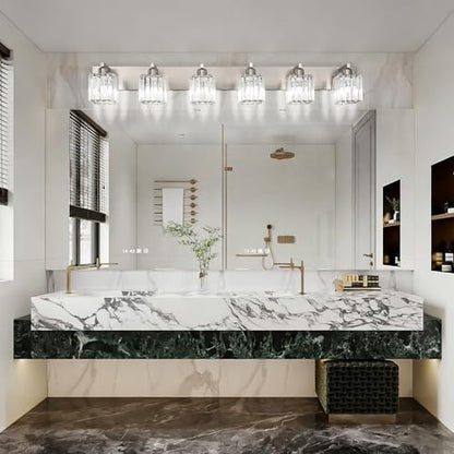 Aipsun Brushed Nickel Bathroom Light Fixtures 6 Light Vanity Lighting Fixture Crystal Modern Bathroom Vanity Light (Exclude Bulb) - color: Brushed Nickel, size: 49 inch