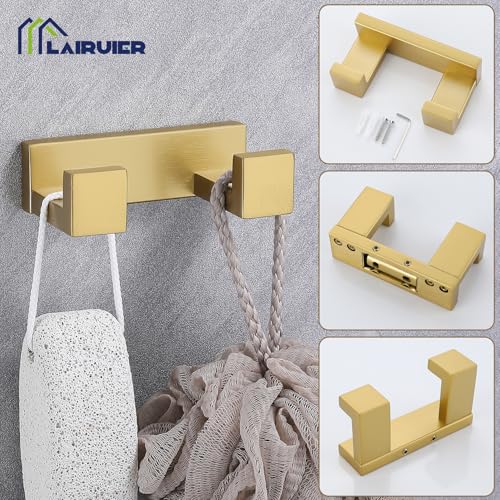 Brushed Gold Bathroom Accessories, Toilet Paper Holder, Towel Bar and Hook | Lairuier 3 Pieces Bathroom Hardware Set, SUS304 Stainless Steel Towel Holder Set Toilet Paper Holder Robe Hook Wall Mounted - color: Brushed Gold