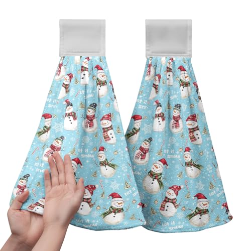 Christmas Winter Snowman Hanging Hand Towels Set of 2 Blue Snowflakes Xmas Holiday Kitchen Towels with Hanging Loop Tea Bar Dish Cloth Towels Soft Absorbent Fingertip Fast Dry Bath Towels - color: Blue Snowman