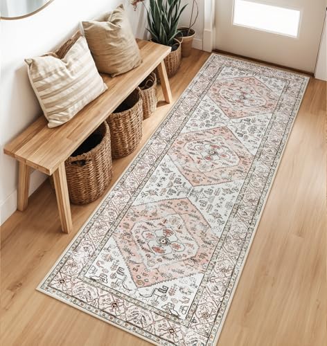 Lahome Boho Washable Non-Slip Pink Rug - Ultra-Thin Non-Shedding Bedroom Bathroom Carpet Runner for Hallway Entryway Adelyn (Pink, 2'x6') - color: Light Pink, size: 2' x 6' (Runner)