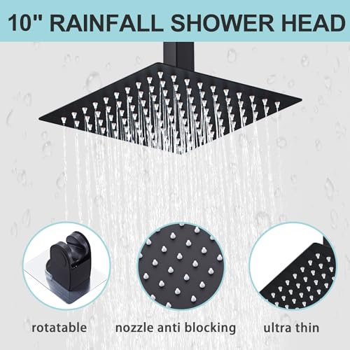 10 Inch Shower Faucet Set Ceiling Mount, High Pressure Rainfall Shower System, Square Rain Shower Spray Combo Luxury Shower Fixtures Matte Black - color: Matte Black, style: 10 Inch