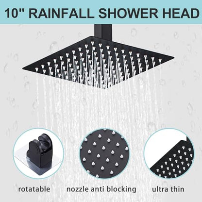 10 Inch Shower Faucet Set Ceiling Mount, High Pressure Rainfall Shower System, Square Rain Shower Spray Combo Luxury Shower Fixtures Matte Black - color: Matte Black, style: 10 Inch