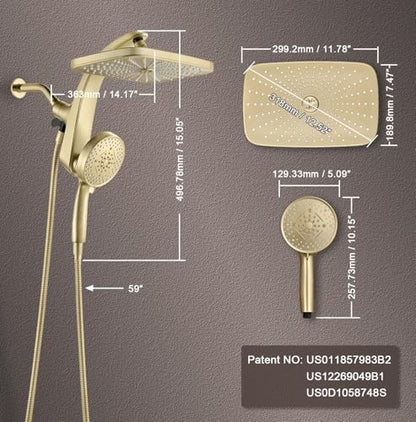 12" High Pressue Rain Shower Head with Handheld, 9 Sprays Hand Showerhead | Shower Heads with Handheld Spray Combo, Dual Head, Built-in Magnetic Docking, Power Jets, 59" Shower Hose, Gold 1.75GPM - color: Gold