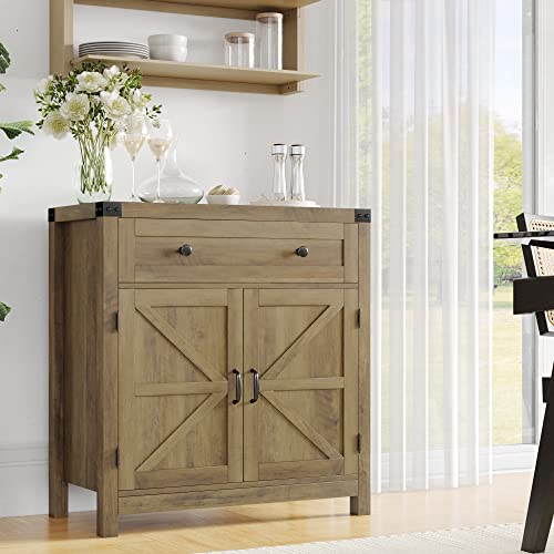 HOSTACK Kitchen Storage Cabinet, Farmhouse Coffee Bar Cabinet, Rustic Brown | Small Buffet Cabinet with Doors & Wide Drawer, Wood Sideboard Buffet, Entry Table w/ Adjustable Shelf for Dining Living Room - color: Rustic Brown