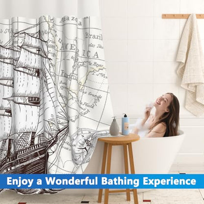 Nautical Shower Curtains for Bathroom, Retro Sailboat No Hook Shower Curtain with Snap in Liner and Sheer Top Window, Easy to Install Waterproof Fabric Shower Curtains with Weighted Hem, 71x74 Inches - color: Sailboat
