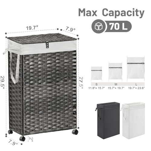 70L Slim Laundry Hamper with Lid & Wheels, Rolling Laundry Basket with 2 Removable Liner Bags & 3 Mesh Bags, Narrow Dirty Clothes Basket, Foldable Handwoven Rattan Laundry Sorter, Grey - color: Grey
