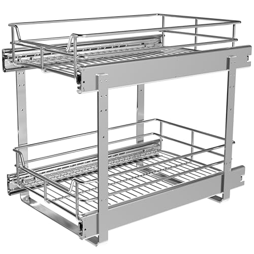 2-Tier Cabinet Pull Out Shelves, 14" W x 22" D, Chrome | Heavy-Gauge Wire Kitchen Cabinet Organizer, 100 lbs Capacity, Ball-Bearing Glides, Min 15" Opening, For Tupperware & Bowls - size: 14 x 22 Inch