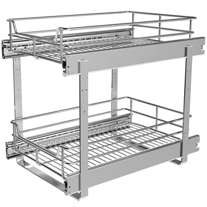 2-Tier Cabinet Pull Out Shelves, 14" W x 22" D, Chrome | Heavy-Gauge Wire Kitchen Cabinet Organizer, 100 lbs Capacity, Ball-Bearing Glides, Min 15" Opening, For Tupperware & Bowls - size: 14 x 22 Inch