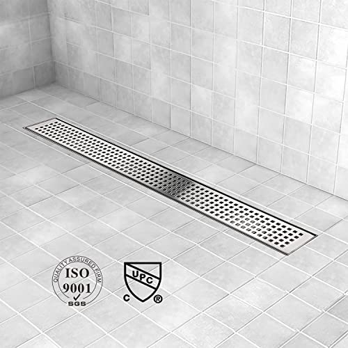 48 inch Linear Shower Drain Brushed Silver with Grate Removable | Square Hole Panel,AISI 304 Stainless Steel Fast Drainage Rectangle Hidden Shower Trench,Detachable Hair Catcher,Leveling Feet - color: Stainless Steel, size: 48 inch+No Base