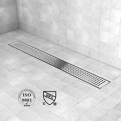 48 inch Linear Shower Drain Brushed Silver with Grate Removable | Square Hole Panel,AISI 304 Stainless Steel Fast Drainage Rectangle Hidden Shower Trench,Detachable Hair Catcher,Leveling Feet - color: Stainless Steel, size: 48 inch+No Base