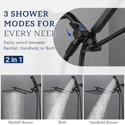 G-Promise All Metal 10" Dual Square Shower Head Combo | Rain Shower Head | Handheld Shower Wand | Adjustable | 3-Way Diverter | 71" Extra Long Hose - A Bathroom Upgrade (Matte Black) | Built to Last, Easy Install, Adjustable Height & Angle for All Heights