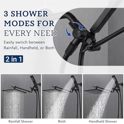 G-Promise All Metal 10" Dual Square Shower Head Combo | Rain Shower Head | Handheld Shower Wand | Adjustable | 3-Way Diverter | 71" Extra Long Hose - A Bathroom Upgrade (Matte Black) | Built to Last, Easy Install, Adjustable Height & Angle for All Heights