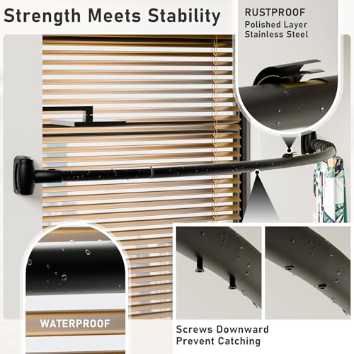 Curved Shower Curtain Rod, Need to Drill, 35-76 inches Adjustable Curved Shower Rod Rustproof Shower Rod Round Shower Curtain Rod for Bathroom, Bathtub, Stall, Stainless Steel, Black - color: black