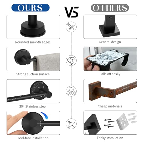 Suction Cup Towel Bar for Bathroom Wall, 14.6–24 Inches Adjustable Black Suction Towel Bar, Towel Racks for Bathroom, Bath Towel Holder for Shower (Matte Black) - color: Matte Black, 1-pack