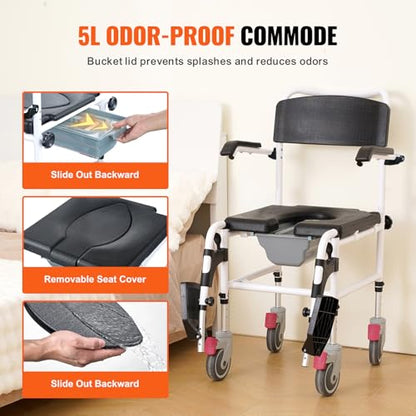 VEVOR Shower Commode Wheelchair with 4 Lockable Wheels, Footrests, Flip-up Arms, 3-Level Adjustable Height, 5L Removable Bucket, 350 LBS Capacity, Commode Chair for Adults Seniors | with 4 Lockable Wheels, Footrests, Flip-up Arms, 3-Level Adjustable Heigh