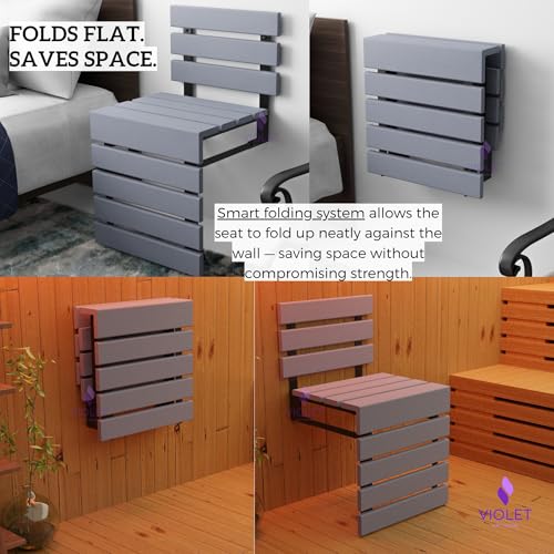 Folding Wall Mounted Teak Wood Shower Seat with Backrest, Water Resistant Foldable Bathroom Stool with Legs, Premium Materials Handmade Shoe Changing Bench, Space Saving and Super Safe Chair (Gray) - color: Gray