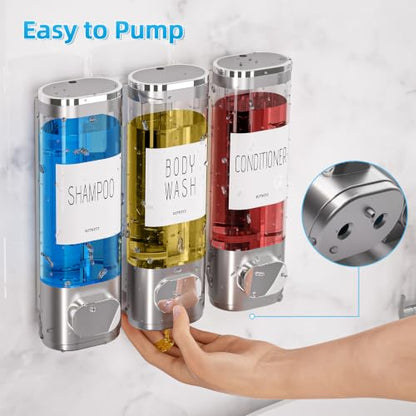VITVITI Shampoo and Conditioner Dispenser for Shower Wall, Shower Soap Dispenser 3 Chamber No Drill Wall Mounted, 10.2 OZ Plastic Refillable Shower/Body Wash Bottles for Bathroom (Matte Silver) - color: Matte Silver
