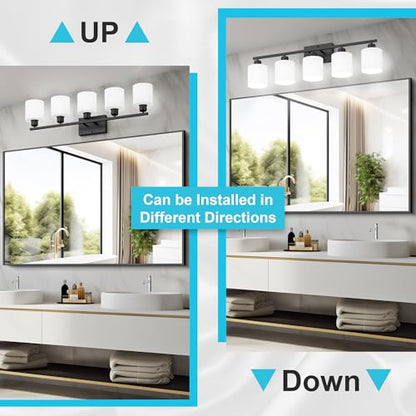 Bathroom Black Lighting Fixtures Over Mirror, Anti-Rust 5-Light Bathroom Vanity Lights,Milky White Glass Shades - color: Black-5Light