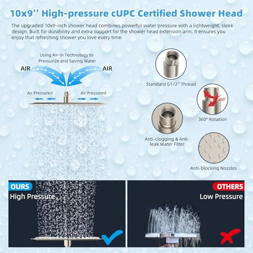 Hibbent All Metal CUPC Certified 10'' Rainfall Shower Head, Dual Shower Head Combo, High Pressure Handheld 4 Sprays Shower Wand, 16'' Adjustable Extension Arm, 71'' Hose, Shower Holder, Brushed Nickel - color: Brushed Nickel, style: Square 10''