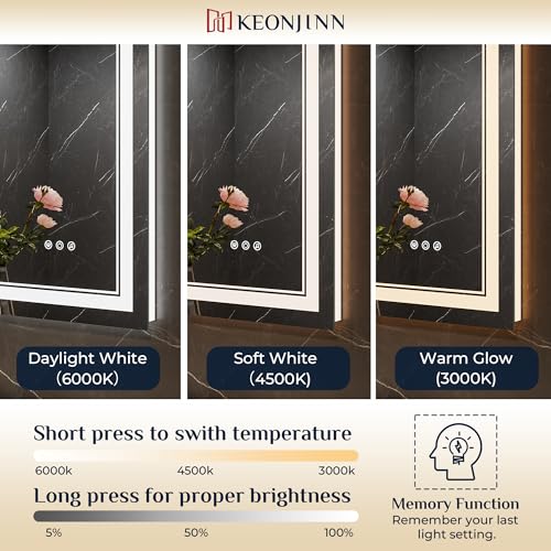 Keonjinn 60 x 36 Inch Lighted Mirrors for Bathroom Wall, Bluetooth Speaker | Frontlit & Backlit LED Mirror for Bathroom, 3000K/4500K/6000K, HD Tempered Glass, Dimmable, Fast & Safe Defogging, CRI90+ - size: 36"L x 60"W