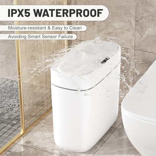 JUDRDO 3.5 Gal Slim Touchless Bathroom Trash Can, Automatic Diaper Pail | Motion sensor opening, automatic liner suction, slim profile for bathrooms, bedrooms, offices, kitchens and nurseries - color: White
