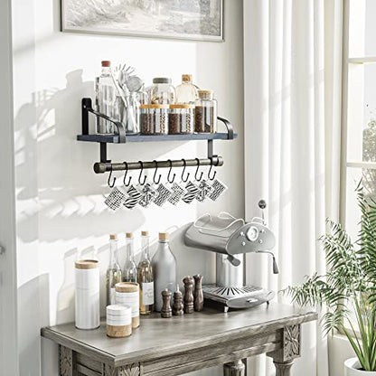 Love-KANKEI 17.3"Floating Wall Shelf Wood/Bracket,Coffee Bar,Weathered Grey | Spice Rack,Towel Bar/8 Hooks,40 Lbs/shelf,Easy to Install,For Kitchen,Bathroom,Living Room,Bedroom,Office,Entryway Display - color: Weathered Grey