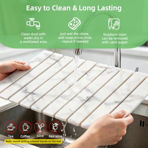 Large Stone Dish Drying Mat for Kitchen Counter, 24"×16" Foldable Quick Drying Mat, Absorbent Diatomaceous Earth Drying Mat for Bottles Cups Dishes, Match Any Countertop (White Marble, 24" x 16") - color: White Marble
