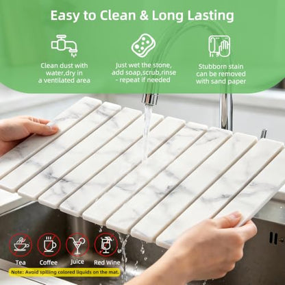 Large Stone Dish Drying Mat for Kitchen Counter, 24"×16" Foldable Quick Drying Mat, Absorbent Diatomaceous Earth Drying Mat for Bottles Cups Dishes, Match Any Countertop (White Marble, 24" x 16") - color: White Marble