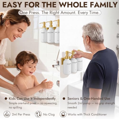 Shampoo and Conditioner Dispenser Set with Soap Dish & Towel Hook, Gold
