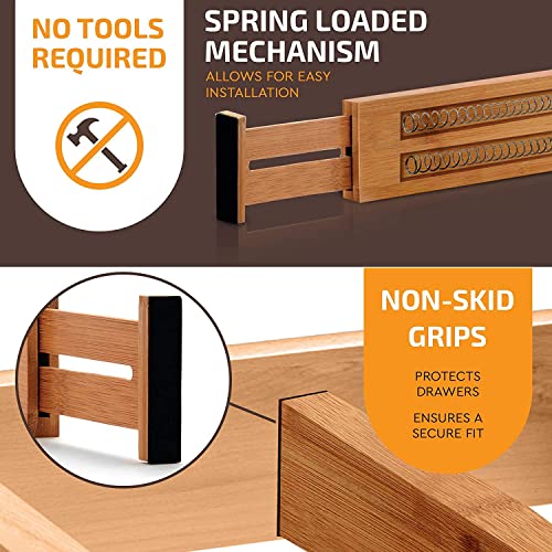 6-Pack Drawer Dividers 2.6-Inch High Dresser Drawer Organizer 16 to 22 Inch | Bamboo, Spring Loaded, No Tools Needed, Fits Wide Drawers for Socks, Clothes, Utensils, Bedroom, Bathroom, Kitchen, Office - color: Bamboo