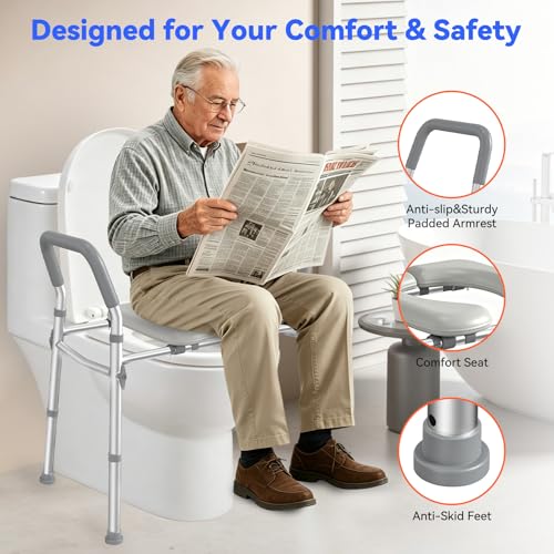 Raised Toilet Seat with Handles, Safety Toilet Stand Up Assist Frame | Adjustable Height & Width, Fits Round & Elongated Toilets, 350 LB Capacity, for Seniors, Handicap, Easy Install & Clean