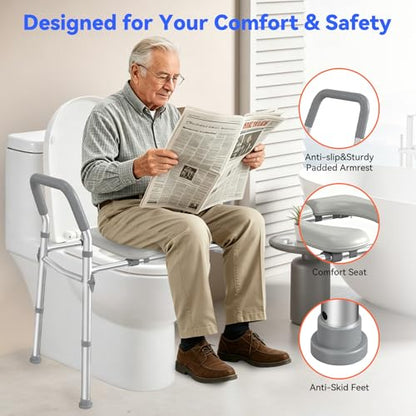 Raised Toilet Seat with Handles, Safety Toilet Stand Up Assist Frame | Adjustable Height & Width, Fits Round & Elongated Toilets, 350 LB Capacity, for Seniors, Handicap, Easy Install & Clean
