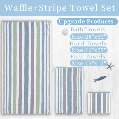 Waffle Towels for Bathroom - Quick Dry | Thick | Lightweight | 500GSM, 2 Bath 28"x52", 4 Hand 16"x27", Cotton Polyester Blend Towels, Shower Towel with Hanging Loops, Navy Grey Green Stripe and White - color: Navy+gray+green+white, size: 6 PCS Towel Set