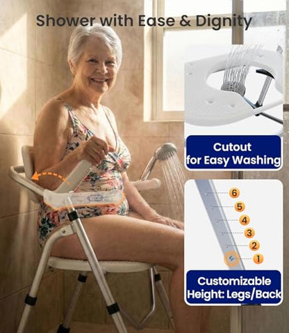 VOCIC Folding Shower Chair for Inside Shower, Lab-Tested 300lbs Heavy Duty Shower Seat for Elderly & Disabled, Flip-Up Arms, Cutout Seat, Height Adjustable Back & Legs, Portable Shower Commode Chair