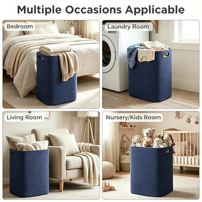 Large Laundry Hamper 16"x13"x22" - Tall Woven Baby Laundry Basket, Cotton Rope Dirty Clothes Hamper Bin, Blanket Storage for Living Room, Nursery Bedroom Aesthetic, Soft Dark Blue Hamper, 75L - color: Blue