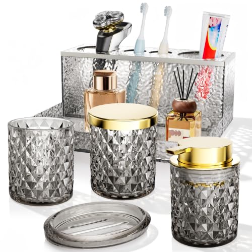 Glass Bathroom Accessories Set 5Pcs Crystal - Foaming Soap Dispenser, Soap Dish, Cup, Acrylic Toothbrush Holder with Tray Organizer, Qtip Jar, Bathroom Counter Set Sink Decor (Black) - color: Black