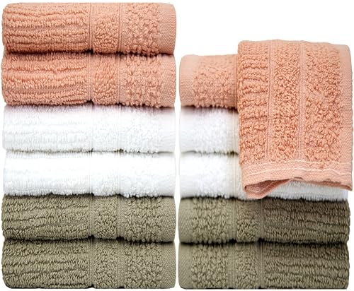 PH Pleasant Home Ribbed Wash Cloths Set - 12 Pack (12” x 12”) – 509 GSM - 100% Ring Spun Cotton Wash Cloth - Super Soft and Highly Absorbent Face Towels (Blush,White & Tan) - color: Blush, White & Tan, style: Ribbed