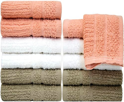 PH Pleasant Home Ribbed Wash Cloths Set - 12 Pack (12” x 12”) – 509 GSM - 100% Ring Spun Cotton Wash Cloth - Super Soft and Highly Absorbent Face Towels (Blush,White & Tan) - color: Blush, White & Tan, style: Ribbed