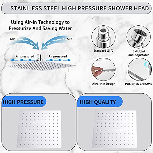 Chrome Rain Shower Head with Extension Arm 12 Inch Square Shower Head with 16 Inch Shower Arm Large Stainless Steel Rainfall Showerhead Waterfall Full Body Coverage by GGStudy - color: Chrome, size: 12inch