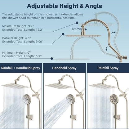 Hibbent All Metal CUPC Certified Shower Head, 10'' High Pressure Rainfall Shower Head, Handheld Showerhead Combo, 12'' Adjustable Extension Arm, 10 Sprays, 71'' Hose, Showerhead Holder, Brushed Nickel - color: Brushed Nickel, style: Square 10''