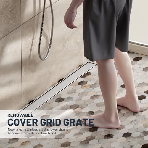 Linear Shower Drain 36 Inch Shower Trench Drain with Tile Insert Grate | Evolvegoods 304 Stainless Steel Bathroom Floor Drain,Rectangular Shower Drain with Leveling Feet,Hair Strainer,Brushed Nickel - size: 36 Inches