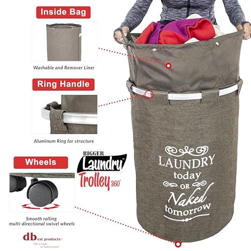 dbest products Bigger Laundry Trolley 360 Rolling Hamper Basket on wheels Bag Cart Large Capacity with Removable Liner for Dirty Clothes Drawstring Cover 4 Swivels, Brown - color: Brown, size: Bigger Swivel Wheels