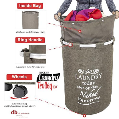 dbest products Bigger Laundry Trolley 360 Rolling Hamper Basket on wheels Bag Cart Large Capacity with Removable Liner for Dirty Clothes Drawstring Cover 4 Swivels, Brown - color: Brown, size: Bigger Swivel Wheels
