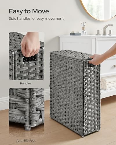 SONGMICS Slim Laundry Hamper with Lid, 14.5 Gallon (55L) Rattan Clothes Laundry Basket with Lid and Handles, Foldable, Removable Liner, Dove Gray ULCB164G01 - color: Dove Gray, size: 55 L